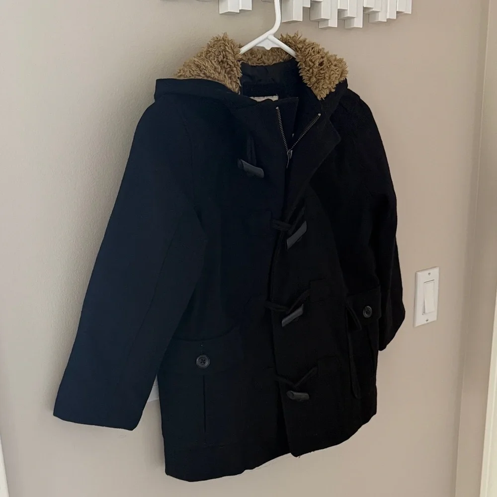 Old Navy Boys Wool Blend Toggle Duffle Coat Black Sherpa Hood Small 6-7 Lined